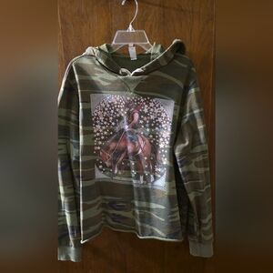 XOXO Green Camouflage Hoodie with Cowboy Graphic